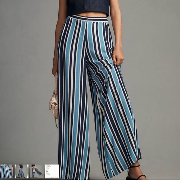 Anthropologie Plenty by Tracy Blue and White Wide Leg Jumpsuit w/Stripes PL NWT - Picture 1 of 16